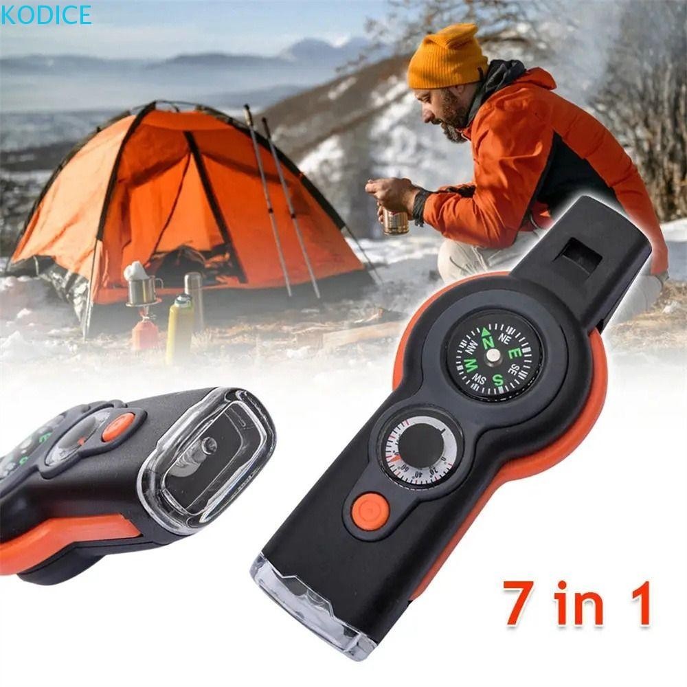 KODICE นกหวีดฉุกเฉิน เข็มทิศ LED Light Survival Whistle น้าหนักเบาเครื่องวัดอุณหภูมิคอนเทนเนอร์ Decibel สูง 7 in 1 นกหวีดเครื่องมือกลางแจ้ง