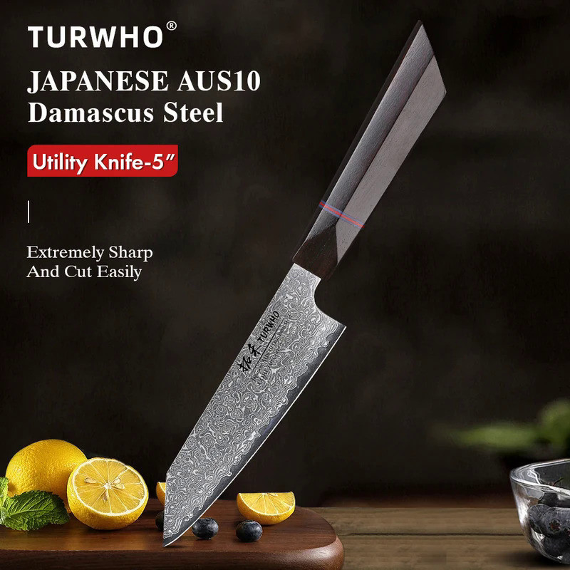TURWHO 5 Utility Knife AUS10 Damascus Steel Fruit Vegetable Knife Sharp Pro Chef Kitchen Supplies for Carving Dovetail