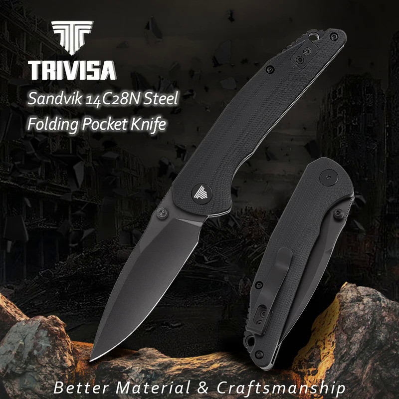 TRIVISA G10 KnifeFolding EDC Knife for MenPocket Knife with Clip for 14C28N Steel PVD Blackwash BladeThumb StudCampi