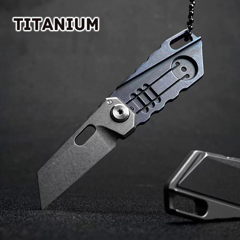 S35VN Blade Blue Titanium Alloy Folding Knife EDC Portable Utility Knife Keychain Necklace Outdoor Hunting Selfdefense