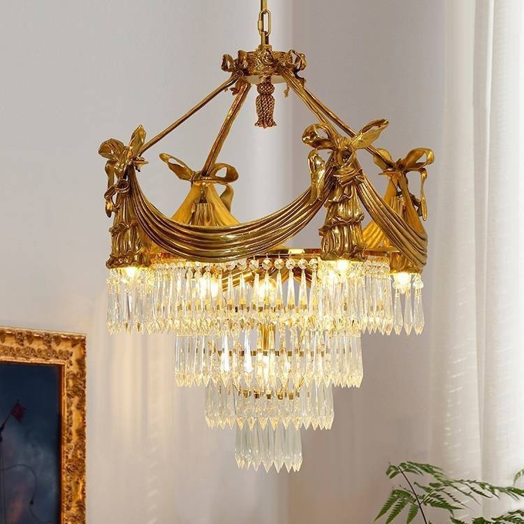 โคมไฟระย้าสไตล์ยุโรปแบบฝรั่งเศส ทองแดงเต็มตัว โคมไฟแขวนสำหรับทางเข้าห้องนอน ห้องเรียน ห้องรับประทานอาหาร โคมไฟระย้าคริสต