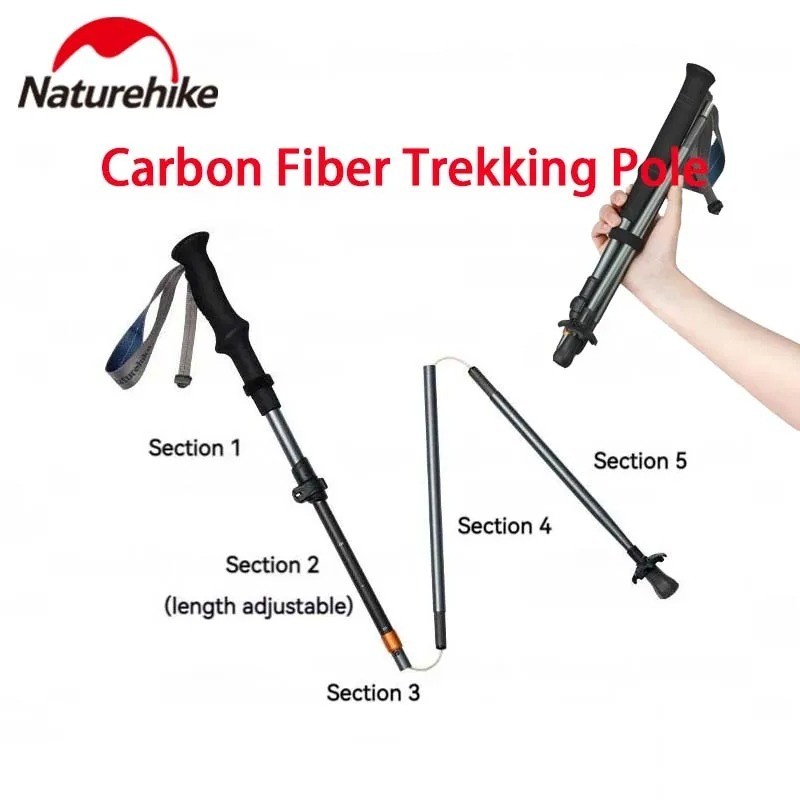 Naturehike เดินป่า 5 ส่วนเสาคาร์บอนไฟเบอร์อะลูมิเนียมอัลลอยพับ Teleskopic แท่งอัลตร้าไลท์เดินไม้อ้อยเดินป่า