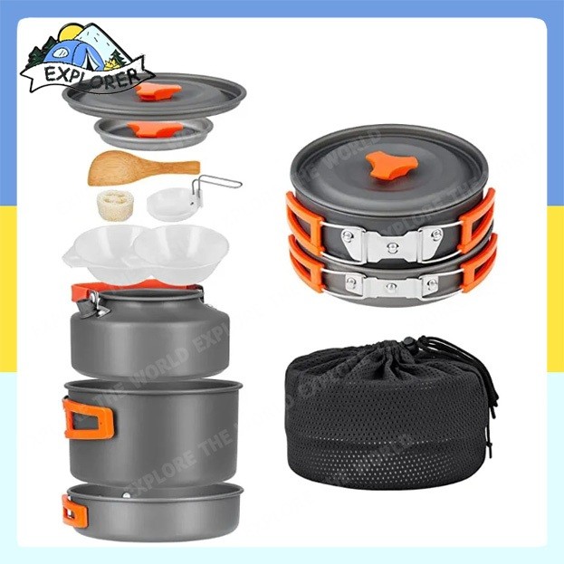ส่งจากกรุงเทพ8 in1 ชุดหม้อสนาม หม้อแคมป์ปิ้ง พกพา ชุดหม้อสนามแค้มปิ้ง หม้อตั้งแคมป์ camping ชุดปิกนิค
