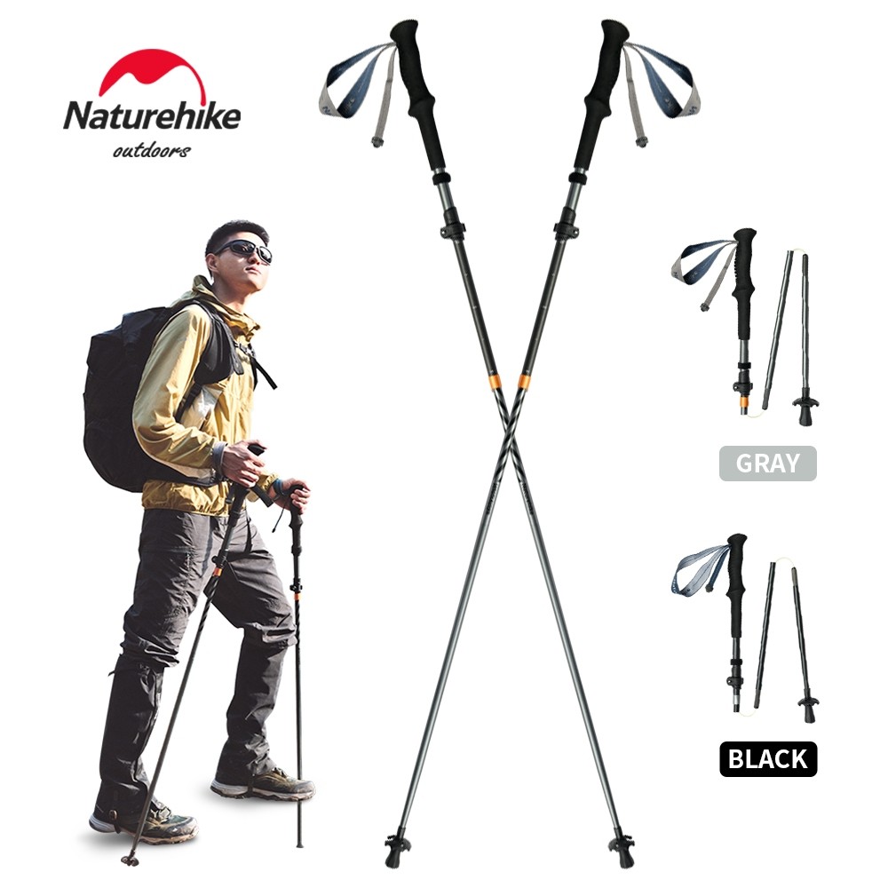 Naturehike Trekking Poles 5 ส่วนยาวลมคาร์บอนไฟเบอร์ 7075 อลูมิเนียมพับ Teleskopic Stick Ultralight Walking Stick เดินป่า Canes