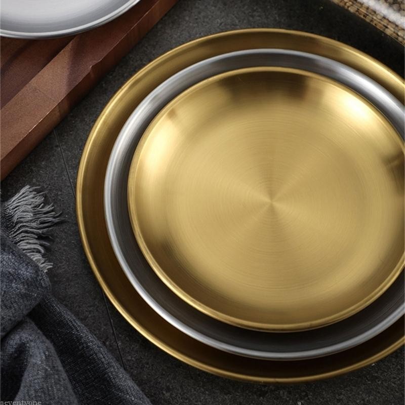 Seve สแตนเลสรอบถาดเสิร์ฟทนทานเครื่องล้างจานปลอดภัยกันสนิมสำหรับตั้งแคมป์และบาร์บีคิว