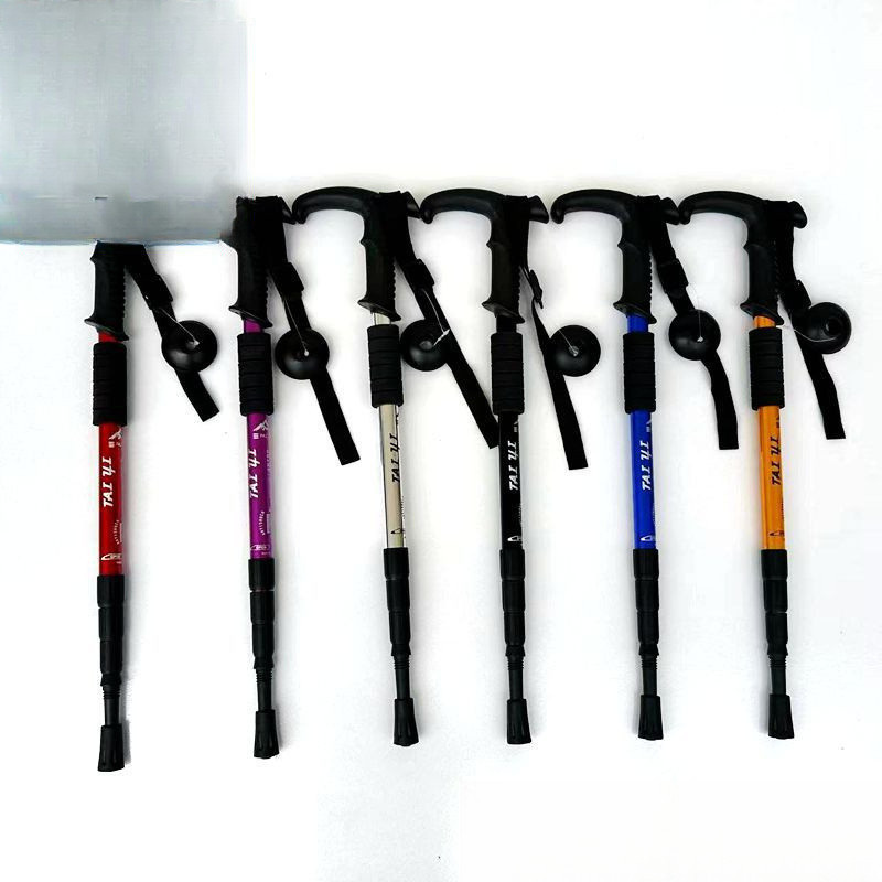 เสาเดินป่าแบบยืดหดได้ดูดซับแรงกระแทกอลูมิเนียมอัลลอยด์น้ำหนักเบาความแข็งแรงสูงด้ามโค้งสี่ส่วนด้ามตรง