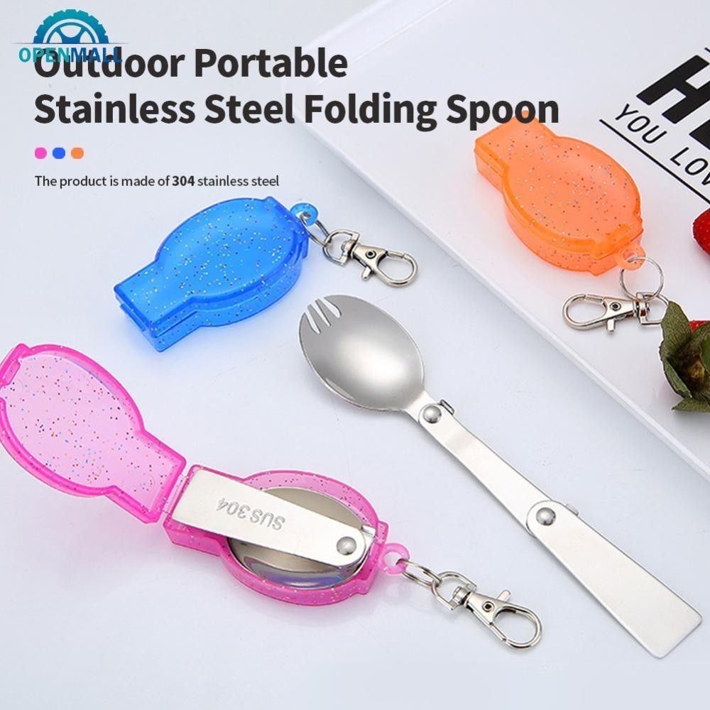 OPENMALL 304 สแตนเลสพับช้อนส้อมกลางแจ้งสามพับเชื่อมช้อนส้อมปิคนิค Camping Travel แบบพกพา Creative Tableware พร้อมกล่องเก็บ W1X9