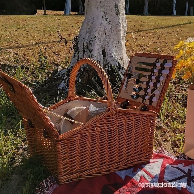 ชุดอุปกรณ์ปิกนิกแบบพกพาสไตล์ญี่ปุ่น พร้อมตะกร้าหวายขนาดใหญ่ และฝาปิดสำหรับโต๊ะอาหารกลางแจ้ง
