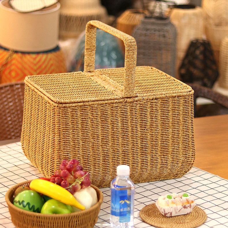 ใหม่ศิลปะตะกร้าปิกนิกเลียนแบบหวายทอกlกลางแจ้งแบบพกพาเก็บที่ทาด้วยมือหวายปิกนิกกระเป๋า