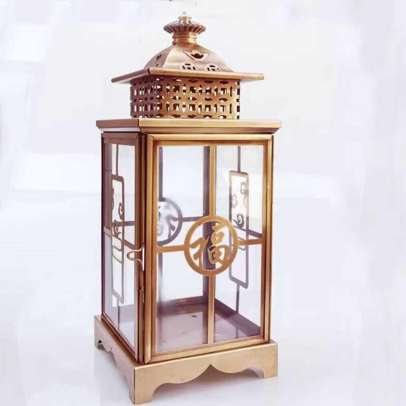 โคมไฟทองแดงขนาดใหญ่ กันลม สำหรับเชิงเทียน พุทธอุปกรณ์ และเครื่องประดับ