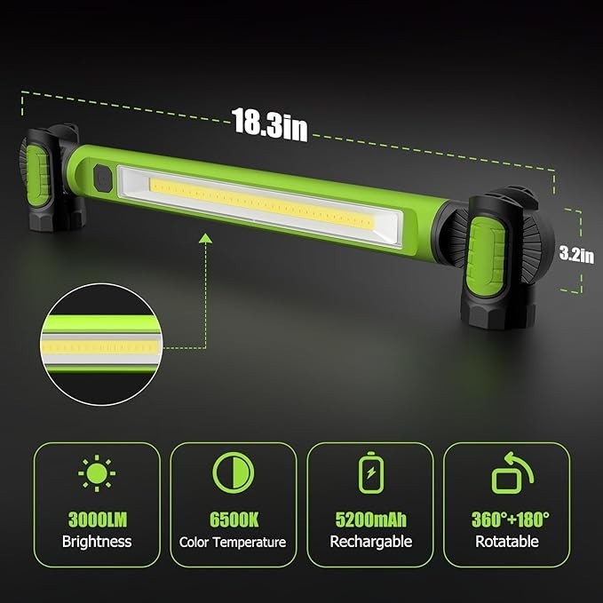 ไฟ ตะขอ ไฟฉุกเฉิน 2025 ขายร้อน 3000LM ไฟ LED ทางาน 5200mAh ไฟทางานแม่เหล็กแบบชาร์จไฟได้ Underhood ไฟทางานไร้สายพร้อมตะขอ Workshop ไฟฉุกเฉินแบบชาร์จไฟได้
