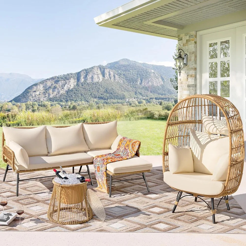 ชุดเฟอร์นิเจอร์กลางแจ้งboho 4 ชิ้น พื้นที่พักผ่อน Patio กะทัดรัด รวมเก้าอี้และตู้แช่น้ำแข็ง