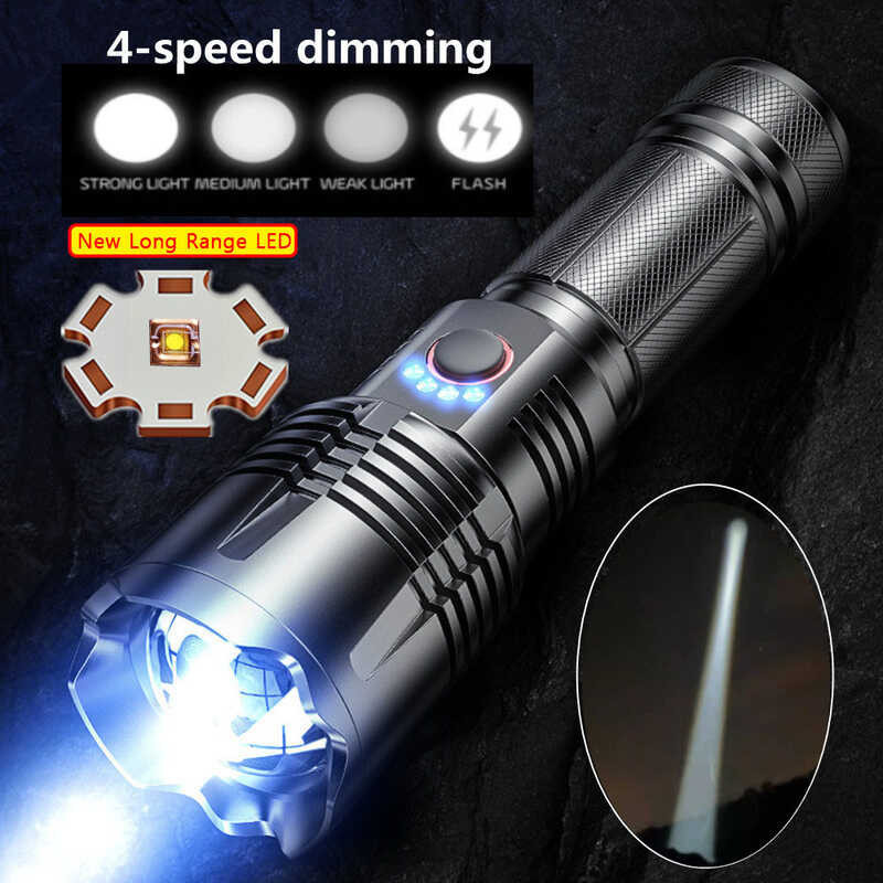 Long Most Powerful Range LED Flashlight High Power Tactical USB Rechargeable Torch Strong Light Han