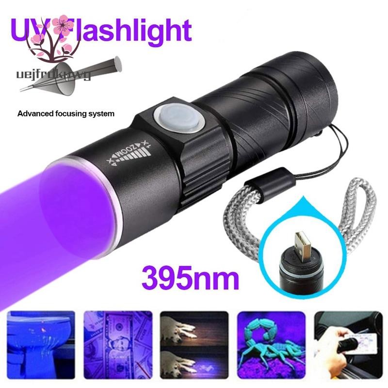 ไฟฉาย UV 395Nm ไฟฉายแบล็คไลท์ ชาร์จ USB ไฟฉาย LED กันน้า ตรวจสอบสัตว์เลี้ยง ปัสสาวะ ไฟฉาย โคมไฟ