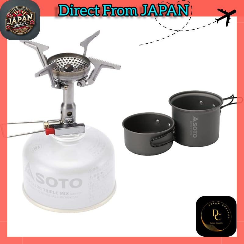 SOTO Compact Outdoor Cooking Set Single Burner Stove SOD320 with Storage Pouch Aluminum Cookware Set M SOD510 Triple Mix Power Gas 250 SOD725T for Camping and Mountaineering
