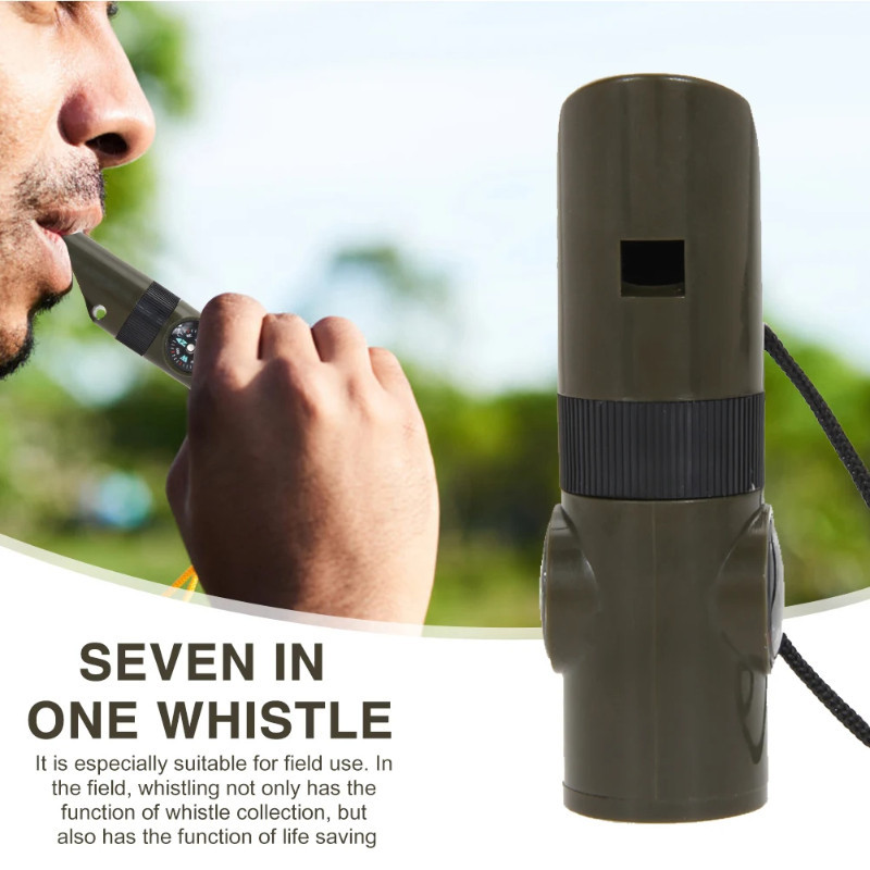 อุปกรณ์เอาตัวรอดพกพา รวม 7 ฟังก์ชัน เช่น หวิสเซิล คอม แว่นขยาย กระจกส่งสัญญาณ เทอร์โมมิเตอร์ และไฟฉาย