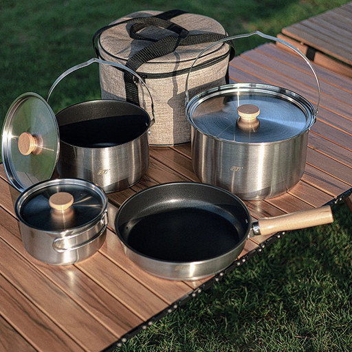 ชุดหม้อแบบพกพา เครื่องครัวตั้งแคมป์สำหรับหลายคน อุปกรณ์หม้อกลางแจ้ง เครื่องใช้บนโต๊ะอาหารสแตนเลสสำหรับตั้ ทนทาน