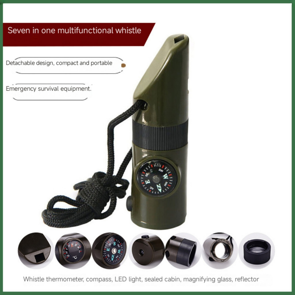 7in1 Outdoor MultiFunction Survival Whistle อุปกรณ์ตั้งแคมป์เดินป่าแบบพกพา เครื่องวัดอุณหภูมินกหวีดกู้ภัยฉุกเฉิน เข็มทิศ เครื่องพ่นหมอก กระจกสัญญาณ ไฟฉายไฟ นา