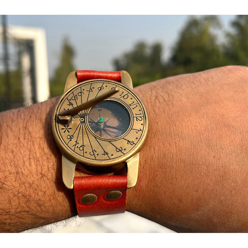 นำเข้า นาฬิกาข้อมือ Steampunk ทองเหลือง เข็มทิศ นาฬิกาแดด Brass Sundial Compass Watch Handmade Vintage