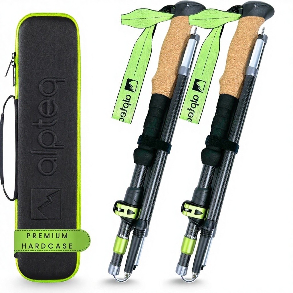 Alpteq เสาเดินป่าคาร์บอนพับได้น้ำหนักเบาทามีปุ่มกดแบบยืดขยาย พร้อมด้ามจับไม้ก๊อกสำหรับการเดินป่าและNordic Walking