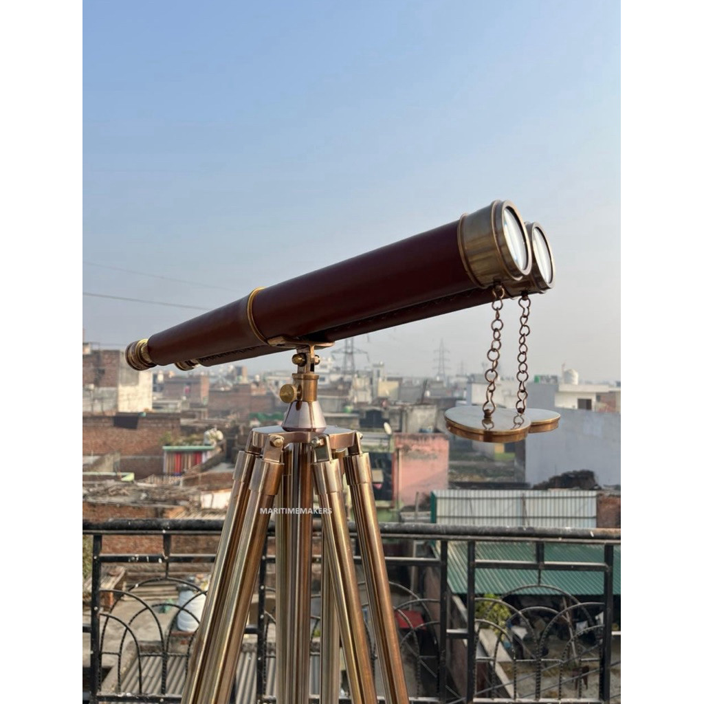 นำเข้ายุโรป กล้องส่องทางไกลทองเหลืองพรีเมียม พร้อมขาตั้งไม้ปรับระดับ Vintage Brass Binocular Telescope 18 Hand