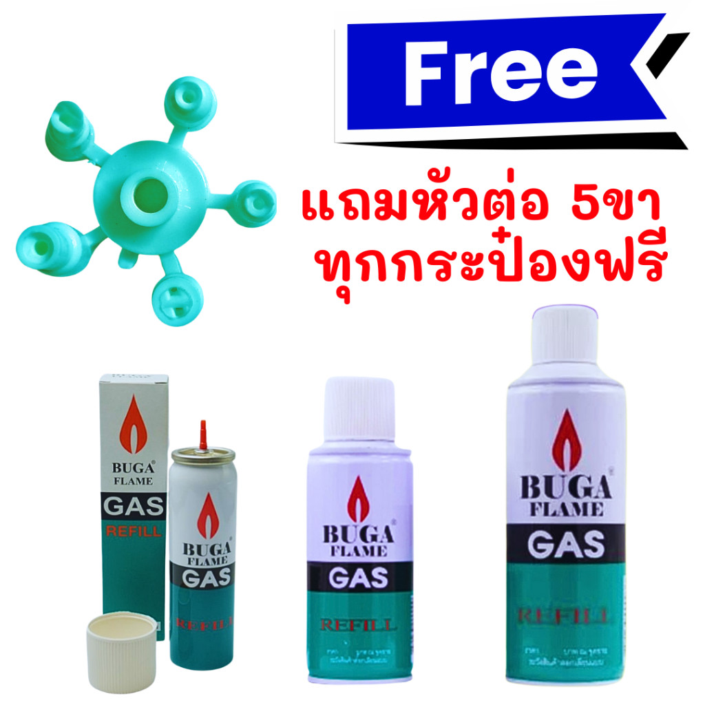 ราคาถูกสุดส่งด่วน แก๊สเติมไฟแช็ค ไฟฟู่ Buga Gas Refill ฟรีหัวต่อทุกกระป๋อง ของแท้ มี มอกจากโรงงานโดยตรง ฝาขาว ปืนจุดเตา