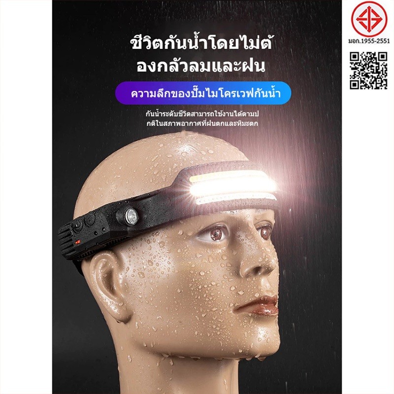 ส่งสินค้าในประเทศไทย โบกมือเหนี่ยวนำหลายสีที่แข็งแกร่งไฟหน้าไฟฉาย LED TypeC ชาร์จซิลิโคนหัวไฟหน้า