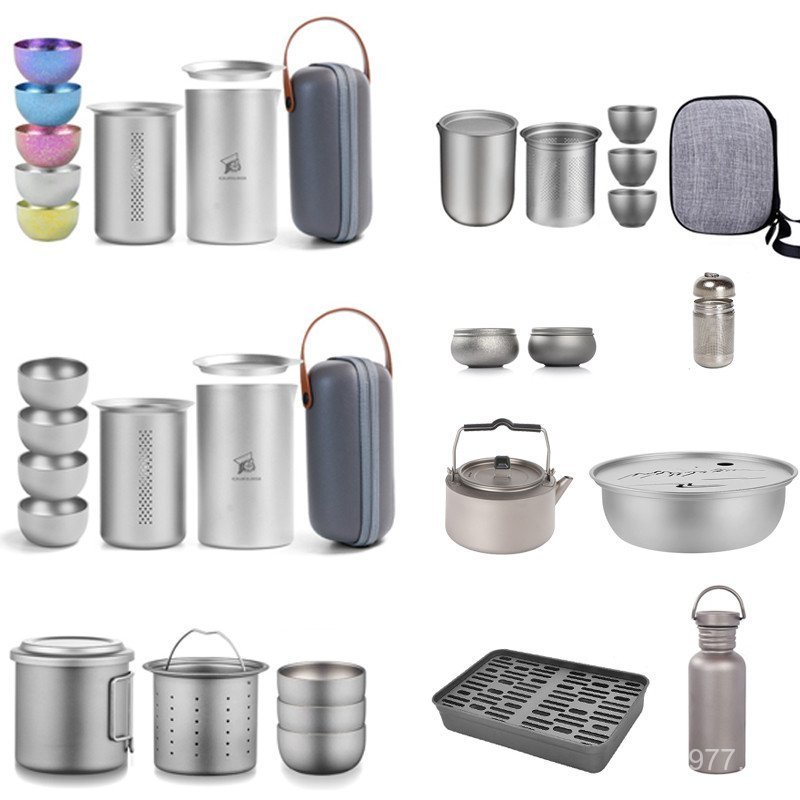 กาต้มน้ากลางแจ้งไทเทเนียมถ้วยน้าข้อความถาดน้าชาไทเทเนียมบริสุทธิ์แบบพกพาถ้วยอย่างรวดเร็วชุดปิกนิกเดินทางตั้งแคมป์เครื่องครัวชุดน้าชา สปล
