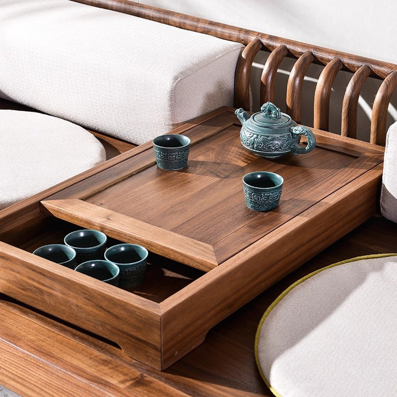 เตียงห้องนั่งเล่นสไตล์จีนจากไม้เนื้อแข็งพร้อมชุดโซฟาและโต๊ะกาแฟน่าสนใจและทันสมัย