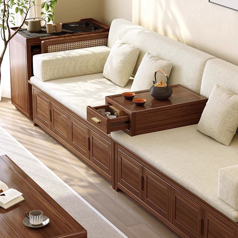 เตียงไม้เนื้อแข็งและเตียงโซฟา สไตล์วินเทจ พร้อมเฟอร์นิเจอร์ห้องนั่งเล่นที่เรียบง่าย