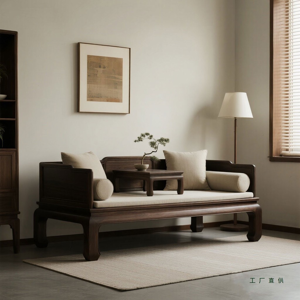 เตียงสไตล์จีนแบบ Zen จากไม้เนื้อแข็งและไม้ขี้ผึ้งสีขาว เหมาะสำหรับห้องนั่งเล่นหรือสำนักงาน