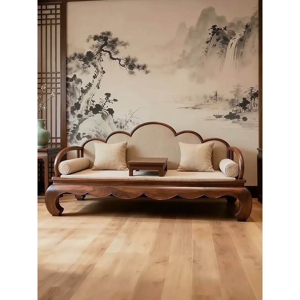 เตียงสไตล์จีนและตะวันตก วอลนัทสีดำ Arhat ไม้เนื้อแข็งสำหรับห้องนั่งเล่น