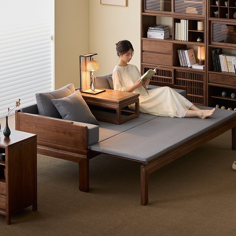 โซฟาเตียงสไตล์จีนคลาสสิกไม้ฮุนแท้มดำ เหมาะสำหรับห้องรับแขก