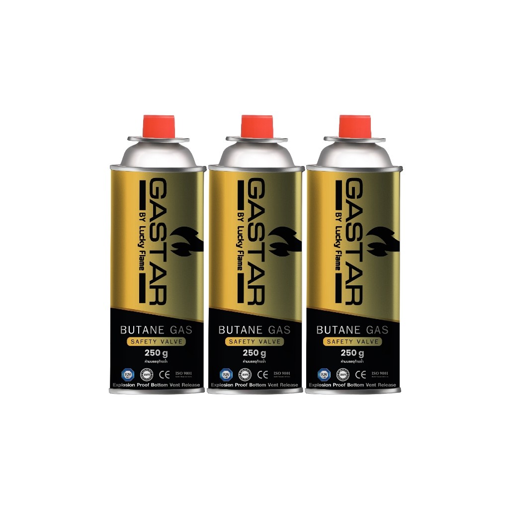 Lucky Flame แก๊สกระป๋อง รุ่น GSP001 แก๊สบิวเทนกระป๋อง ปริมาณ 250 กรัม แพ็ค 3 กระป๋อง