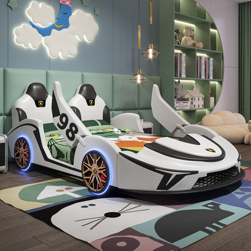 เตียงเด็ก Hyundai Simple MultiFunction ทำจากไม้เนื้อแข็ง ดีไซน์การ์ตูน มีแสงและเสียง พร้อมราวป้องกันตกเตียง