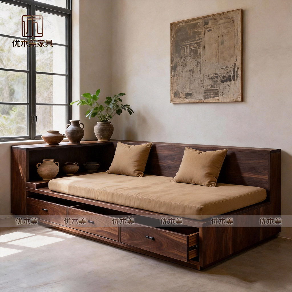 เตียงโซฟาสไตล์จีนใหม่ วอลนัทสีดำ เนื้อไม้แข็ง ขนาดเล็ก เหมาะสำหรับห้องนั่งเล่น ระดับไฮเอนด์