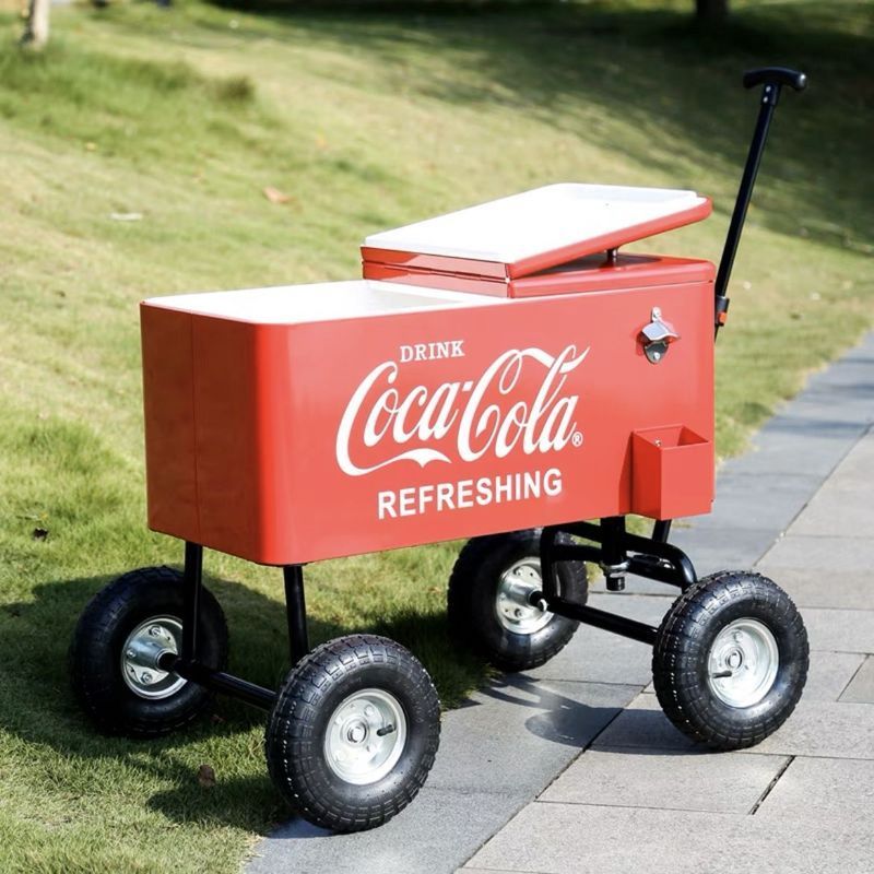 กล่องแช่เย็นสำหรับตั้งแคมป์และรถเข็น พร้อมถาดรองขวด cola และพื้นที่เก็บของเพิ่มเติม