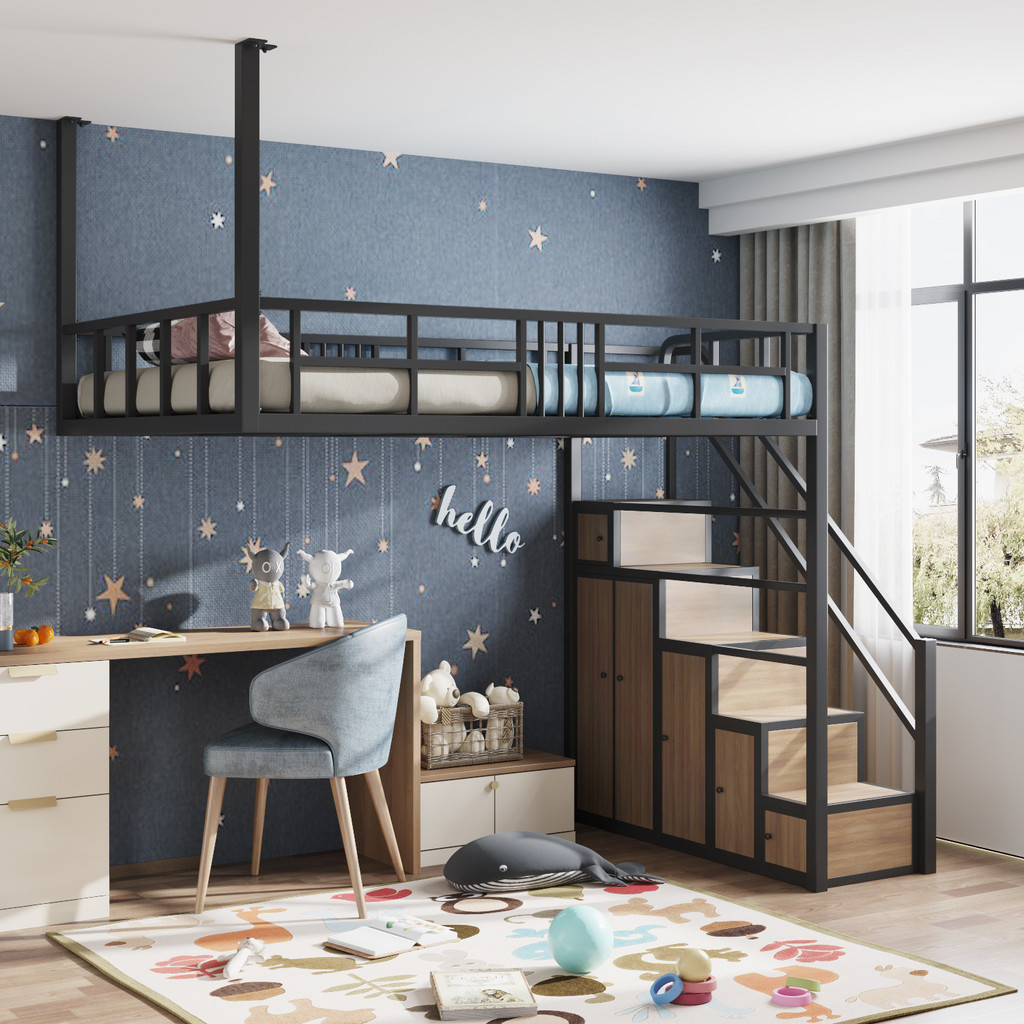 เปลญวนเหล็ก multifunctional ออกแบบลอฟท์ ประหยัดพื้นที่ เปลสำหรับใช้ในห้องขนาดเล็กหรือใต้หลังคา เตียงพร้อมลิ้นชักและขั้นตอน เหมาะสำหรับนักเรียนหรือหอพัก