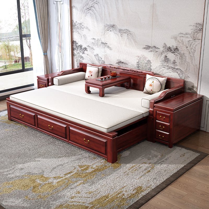 เตียงโซฟาปรับเปลี่ยนได้ใหม่ปี 2026 จากประเทศจีน ทำจากไม้เนื้อแข็ง ม้วนเก็บได้ง่าย เสริมความสะดวกในห้องนั่งเล่น